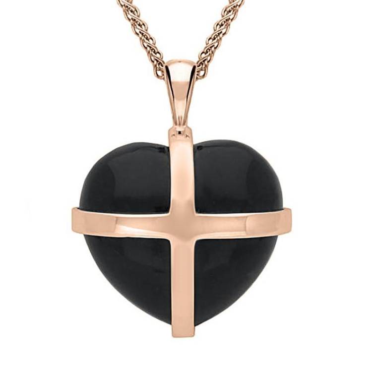 9ct Rose Gold Whitby Jet Large Cross Heart Necklace - Option1 Value Rose Gold