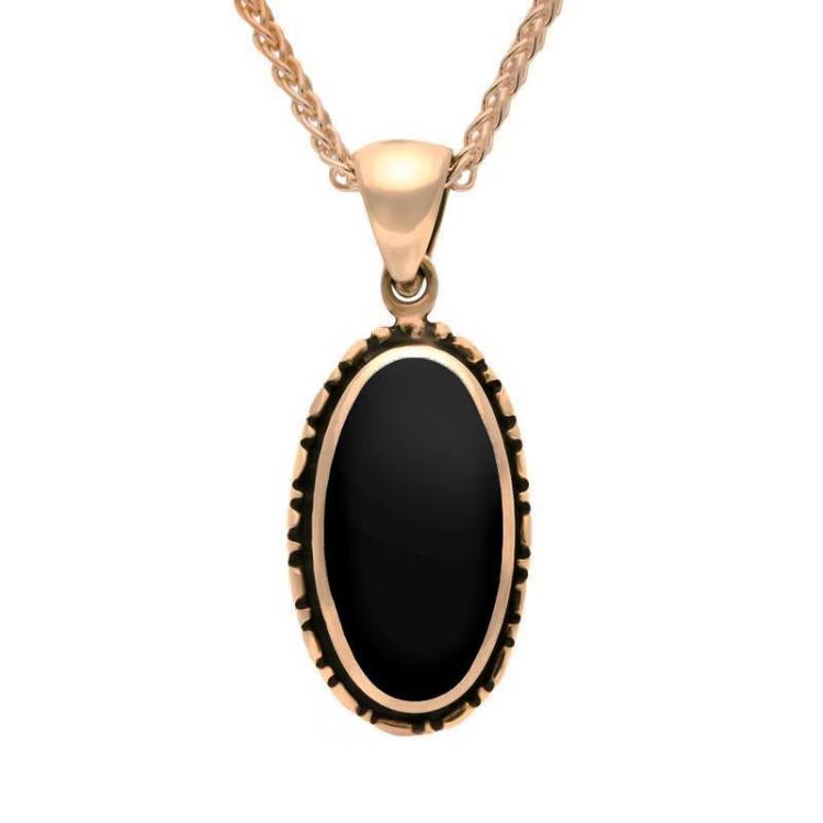 9ct Rose Gold Whitby Jet Oval Rope Edge Necklace - Rose Gold