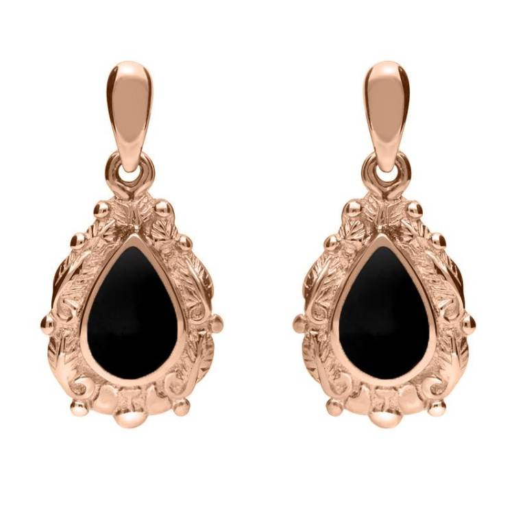9ct Rose Gold Whitby Jet Pear Shaped Leaf Drop Earrings - Rose Gold