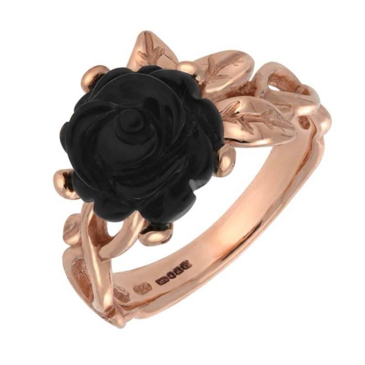 9ct Rose Gold Whitby Jet Tuberose 10mm Rose Leaf Twist Ring - Rose Gold