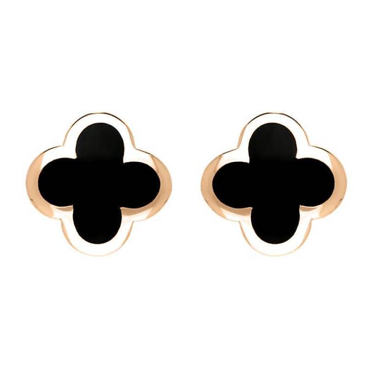 9ct Rose Gold Whitby Jet Bloom Four Leaf Clover Stud Earrings