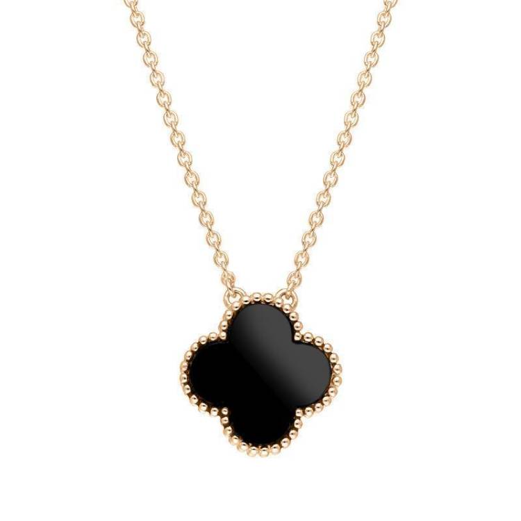 9ct Rose Gold Whitby Jet Bloom Large Four Leaf Clover Ball Edge Chain Necklace