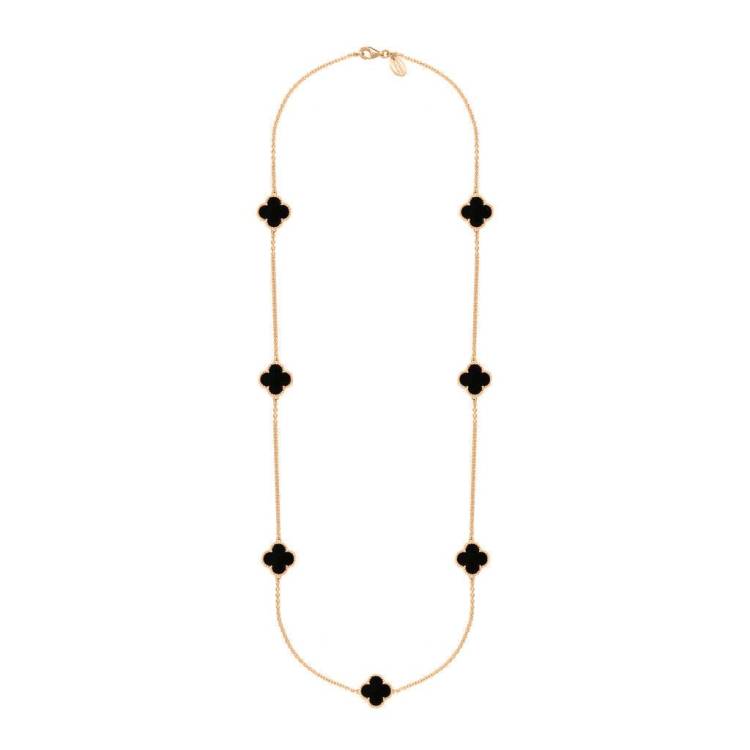 9ct Rose Gold Whitby Jet Bloom Four Leaf Clover Ball Edge Long Necklace