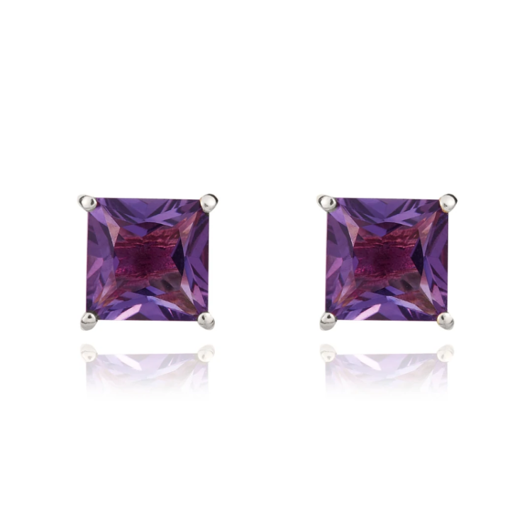9ct White Gold Amethyst 5mm Princess Cut Claw Set Stud Earrings
