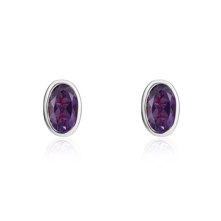 9ct White Gold Amethyst 5x3mm Oval Rub Over Set Stud Earrings