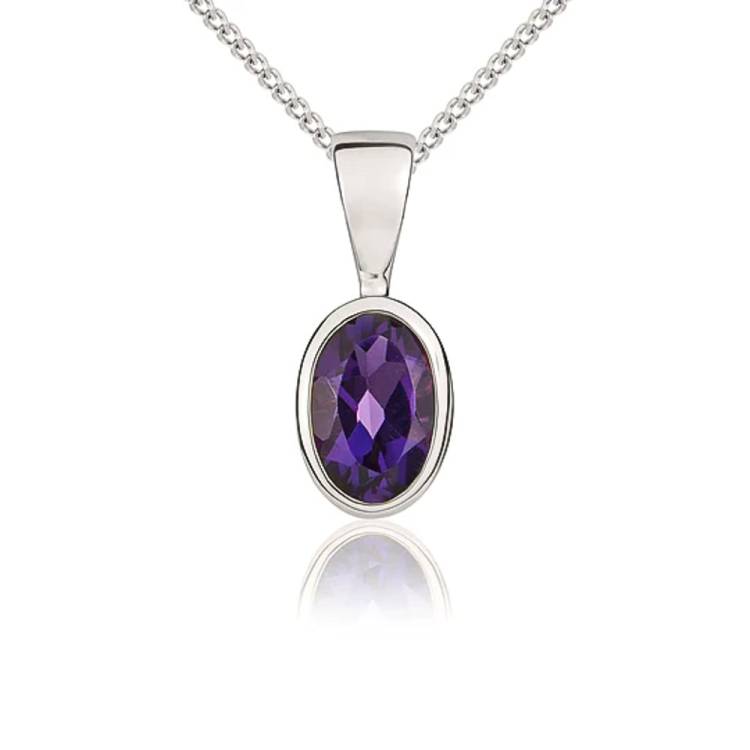 9ct White Gold Amethyst 6x4mm Oval Rub Over Set Pendant