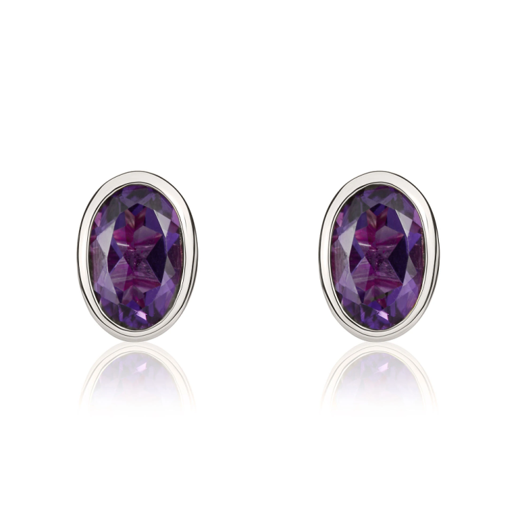9ct White Gold Amethyst 6x4mm Oval Rub Over Set Stud Earrings