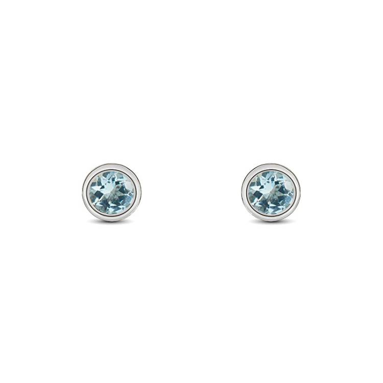 9ct White Gold Aquamarine 3mm Round Rub Over Set Stud Earrings