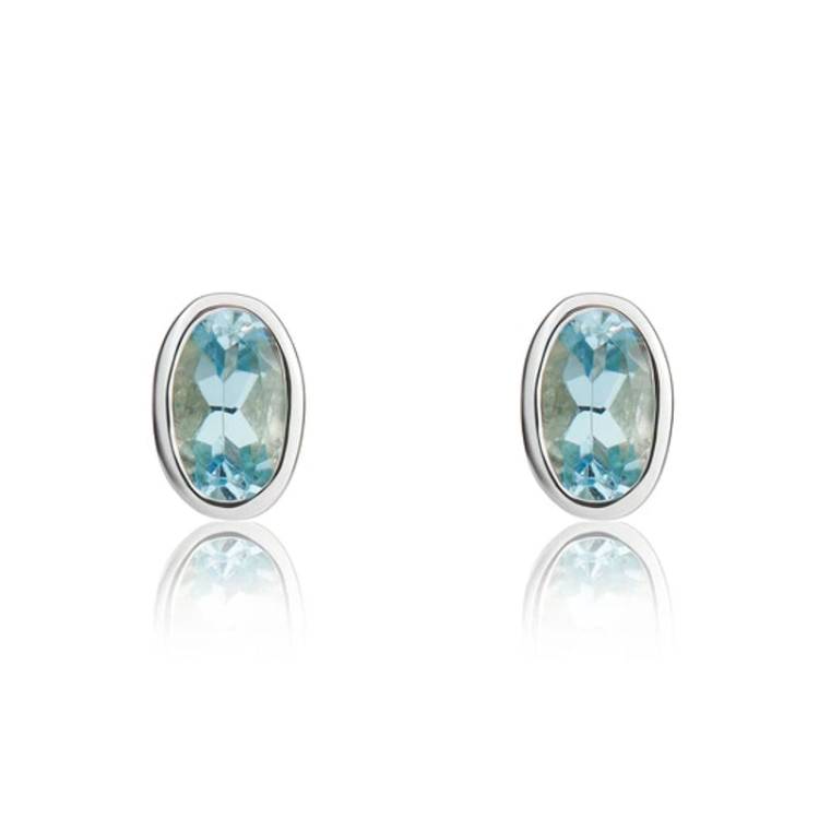 9ct White Gold Aquamarine 5x3mm Oval Rub Over Set Stud Earrings