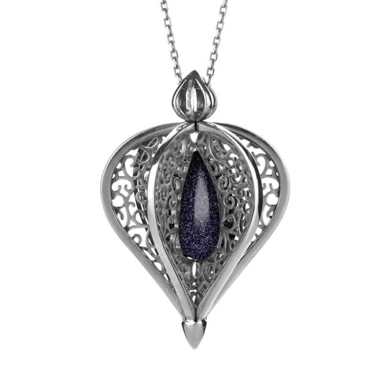 9ct White Gold Blue Goldstone Flore Filigree Droplet Necklace