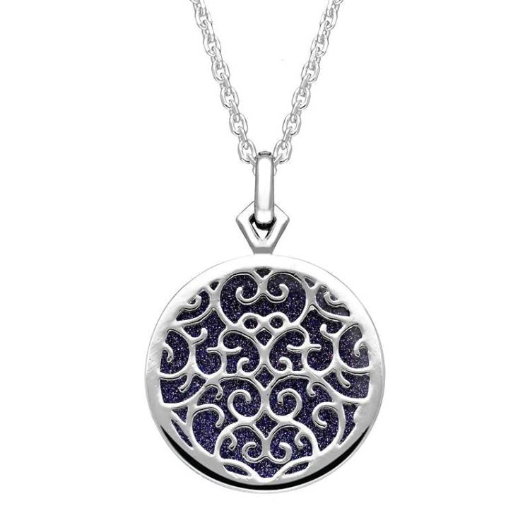 9ct White Gold Blue Goldstone Flore Filigree Necklace