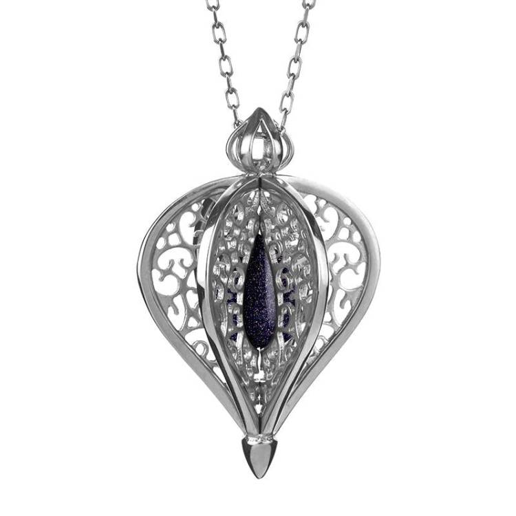 9ct White Gold Blue Goldstone Flore Filigree Small Necklace