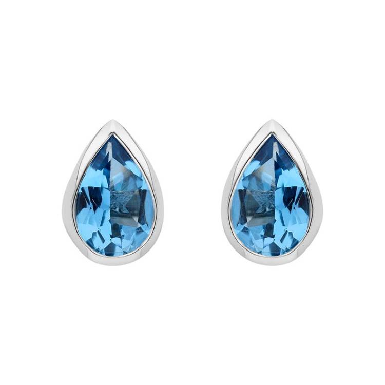 9ct White Gold Blue Topaz 6x4mm Pear Rub Over Stud Earrings