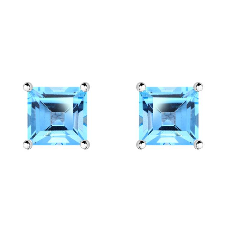 9ct White Gold Blue Topaz 5mm Princess Cut Claw Set Stud Earrings