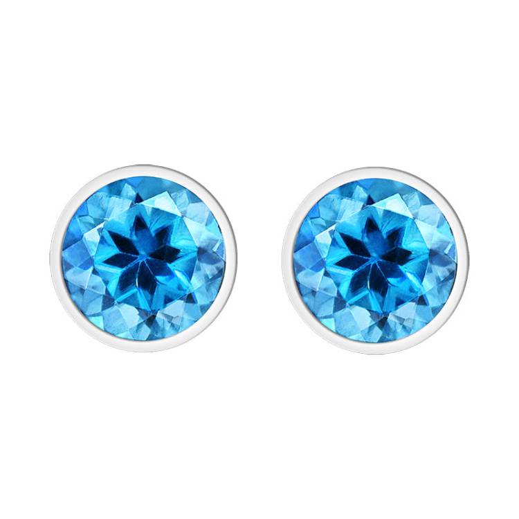 9ct White Gold Blue Topaz 4mm Round Rub Over Set Stud Earrings