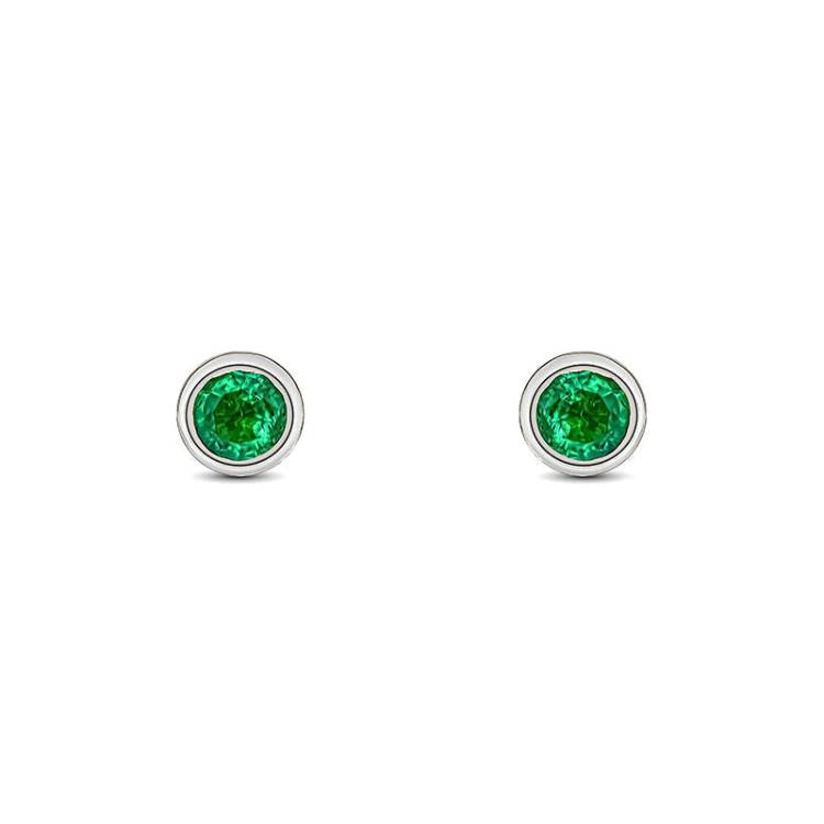 9ct White Gold Emerald 3mm Round Rub Over Set Stud Earrings