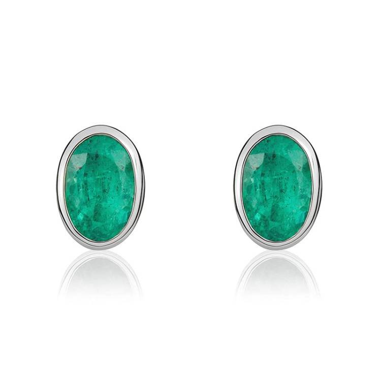 9ct White Gold Emerald 5x3mm Oval Rub Over Set Stud Earrings