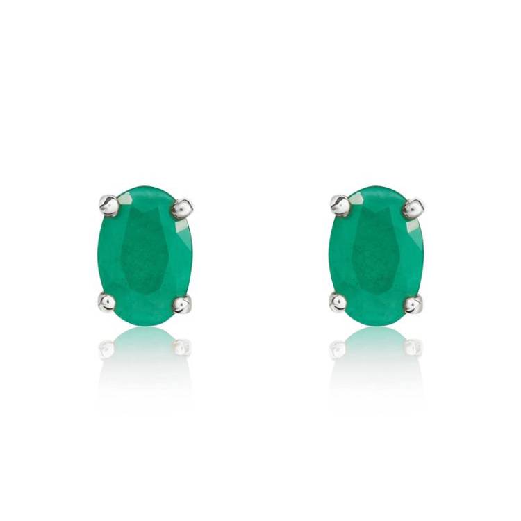 9ct White Gold Emerald 6x4mm Oval Claw Set Stud Earrings