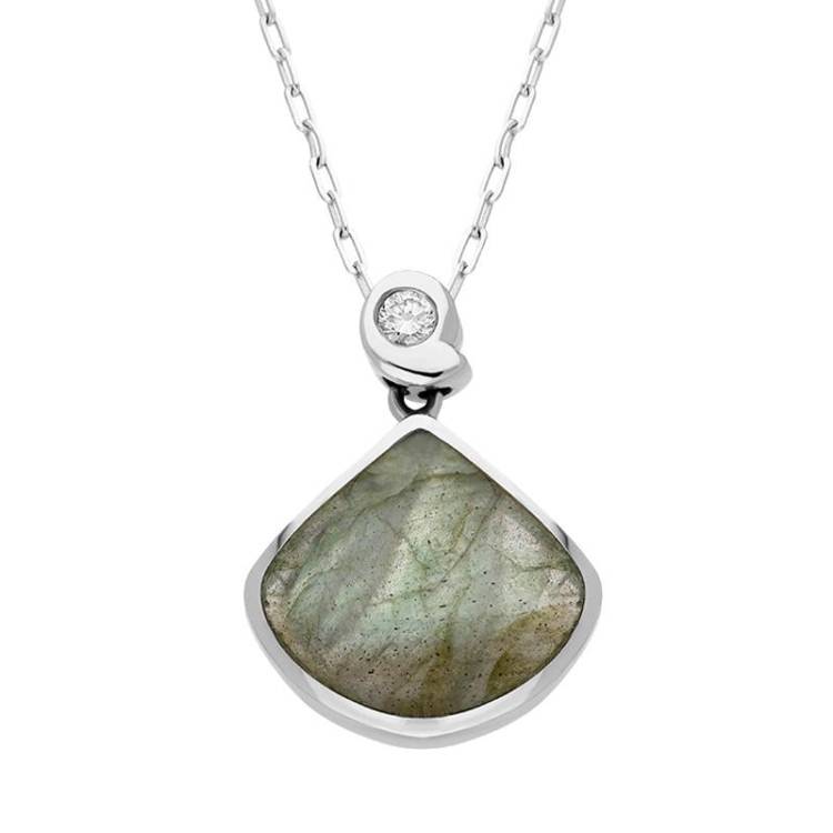 9ct White Gold Labradorite Diamond Fan Shaped Necklace