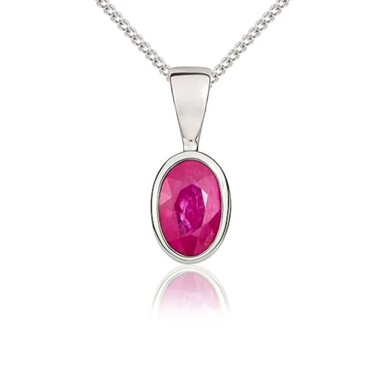 9ct White Gold Ruby 6x4mm Oval Rub Over Set Pendant