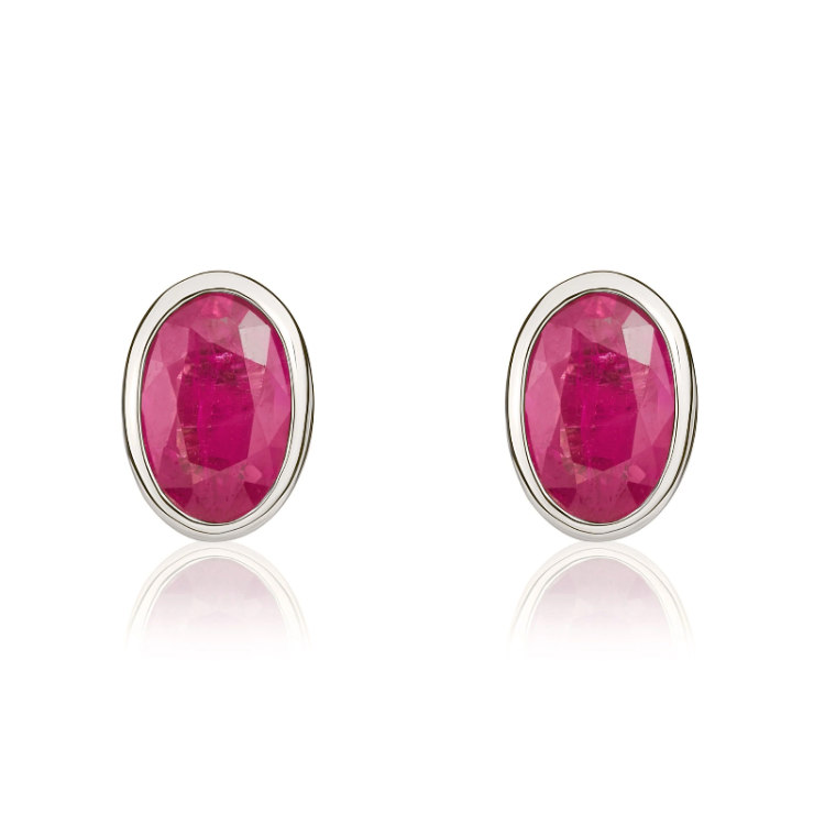 9ct White Gold Ruby 6x4mm Oval Rub Over Set Stud Earrings