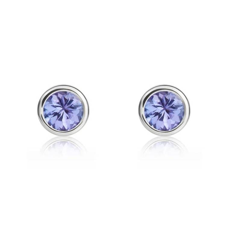 9ct White Gold Tanzanite 4mm Round Rub Over Set Stud Earrings
