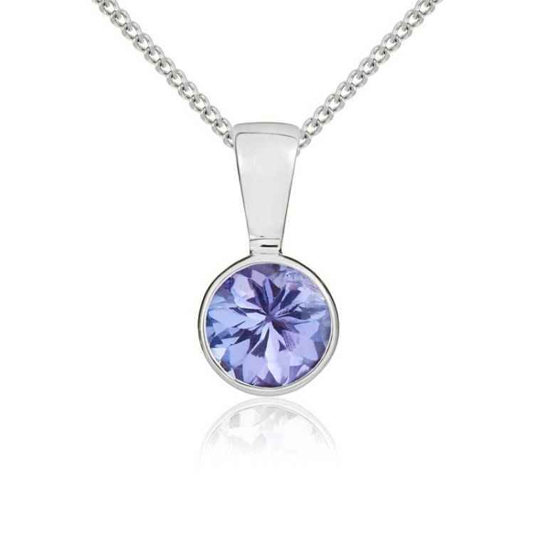 9ct White Gold Tanzanite 5mm Round Rub Over Set Pendant