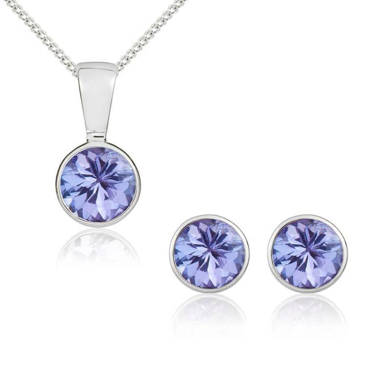 9ct White Gold Tanzanite 5mm Round Rub Over Set Pendant and Stud Earrings Set
