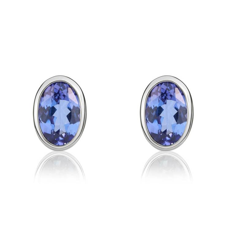 9ct White Gold Tanzanite 6x4mm Oval Rub Over Set Stud Earrings