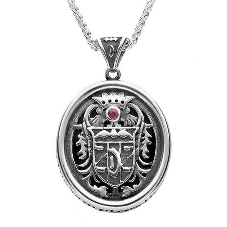 9ct White Gold Whitby Jet Blood Red Ruby Commemorative Dracula Necklace