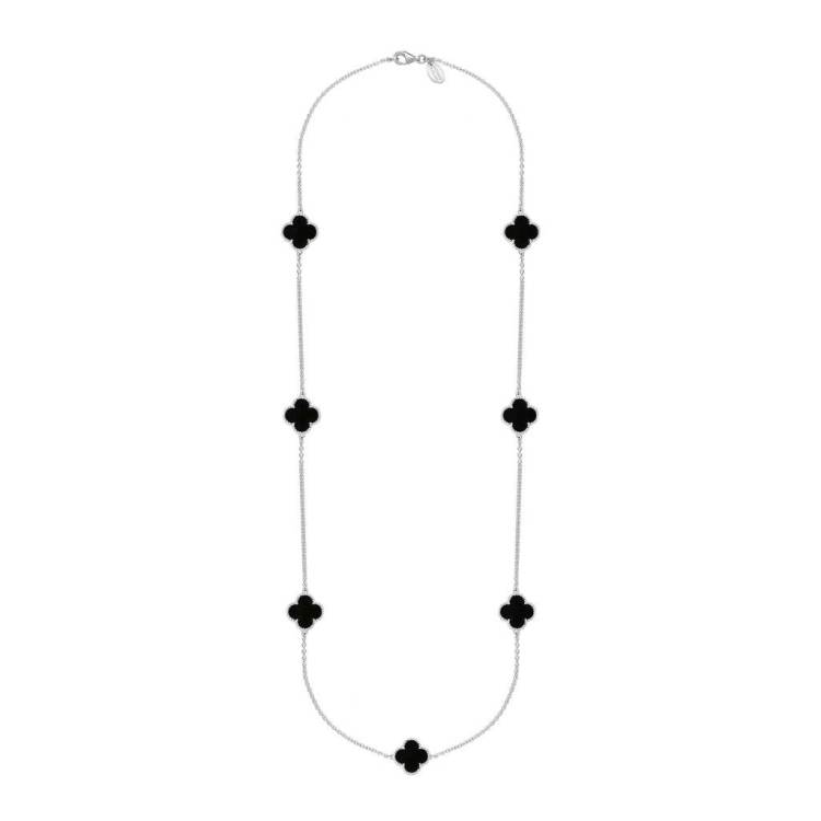 9ct White Gold Whitby Jet Bloom Four Leaf Clover Ball Edge Long Necklace