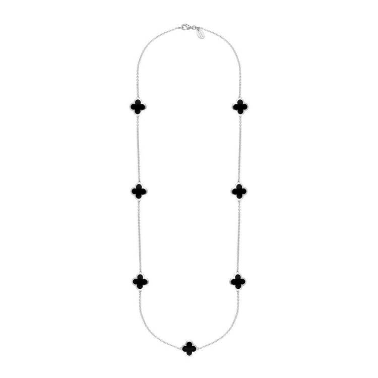 9ct White Gold Whitby Jet Bloom Four Leaf Clover Long Necklace