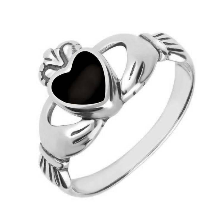 9ct White Gold Whitby Jet Claddagh Set Ring