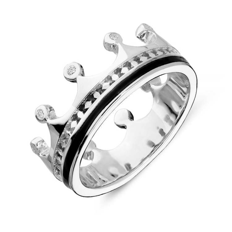 9ct White Gold Whitby Jet Diamond Tiara Patterned Band Ring