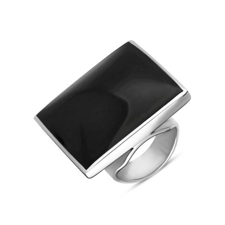 9ct White Gold Whitby Jet Large Square Ring - White Gold