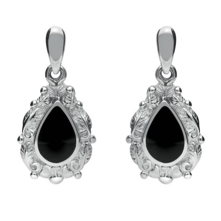 9ct White Gold Whitby Jet Pear Shaped Leaf Drop Earrings - White Gold