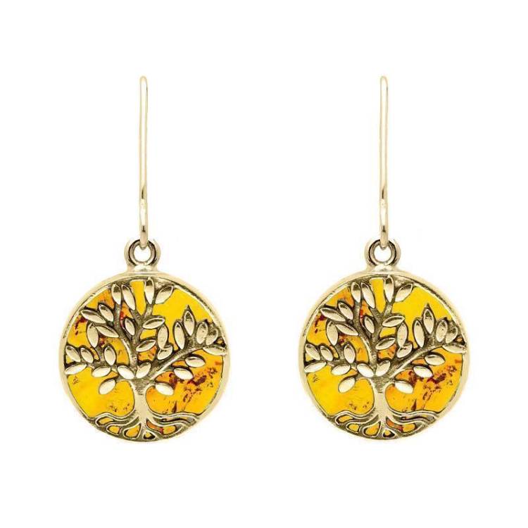 9ct Yellow Gold Amber Round Large Tree of Life Leaves Drop Earrings - Yellow Gold