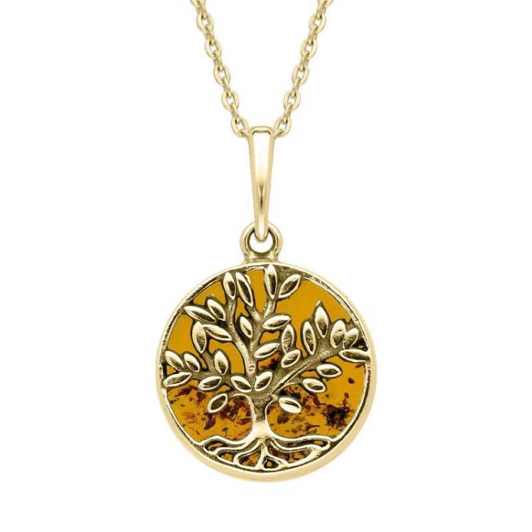 9ct Yellow Gold Amber Small Round Large Leaves Tree of Life Necklace - Yellow Gold