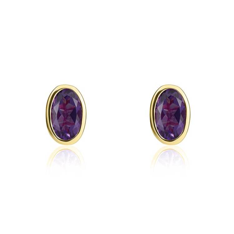 9ct Yellow Gold Amethyst 5x3mm Oval Rub Over Set Stud Earrings