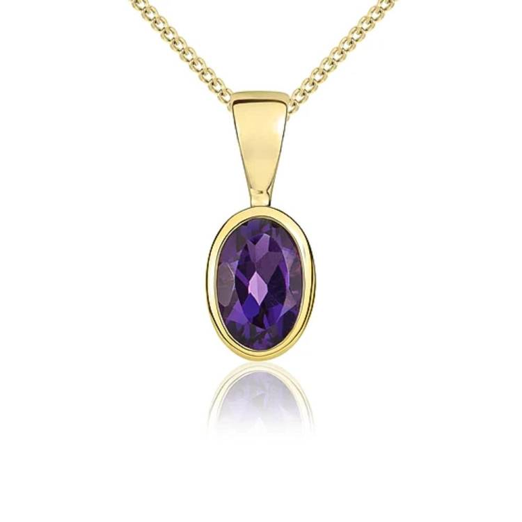 9ct Yellow Gold Amethyst 6x4mm Oval Rub Over Set Pendant