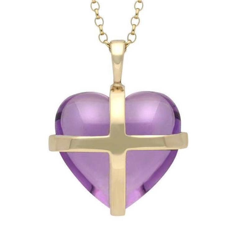 9ct Yellow Gold Amethyst Medium Cross Heart Necklace - Option1 Value Yellow Gold