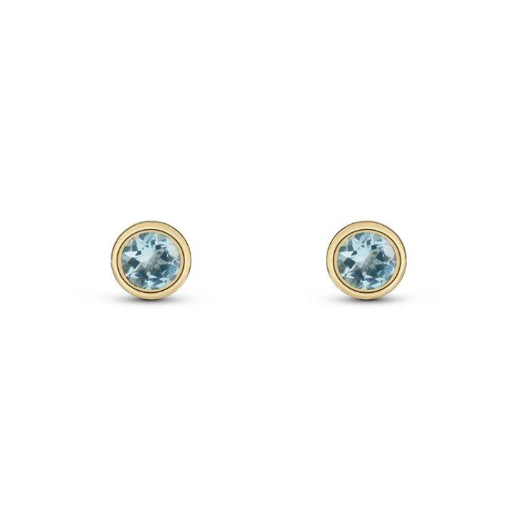 9ct Yellow Gold Aquamarine 3mm Round Rub Over Set Stud Earrings
