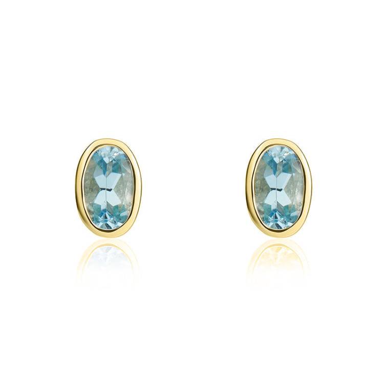 9ct Yellow Gold Aquamarine 5x3mm Oval Rub Over Set Stud Earrings