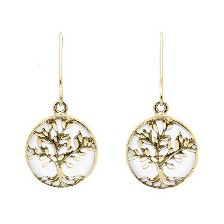 9ct Yellow Gold Bauxite Round Large Tree of Life Leaves Drop Earrings