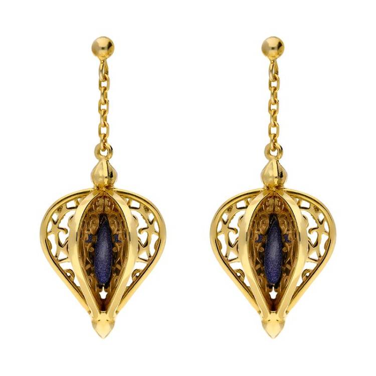 9ct Yellow Gold Blue Goldstone Flore Filigree Drop Earrings