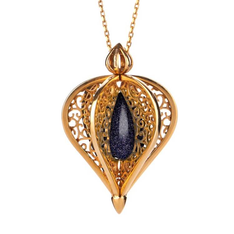 9ct Yellow Gold Blue Goldstone Flore Filigree Droplet Necklace