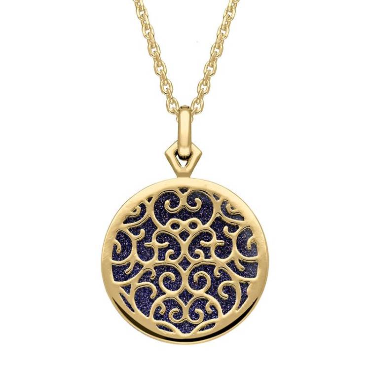 9ct Yellow Gold Blue Goldstone Flore Filigree Necklace