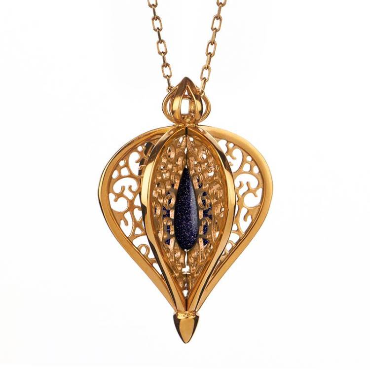 9ct Yellow Gold Blue Goldstone Flore Filigree Small Necklace