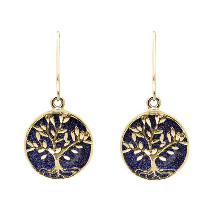 9ct Yellow Gold Blue Goldstone Round Large Tree of Life Leaves Drop Earrings