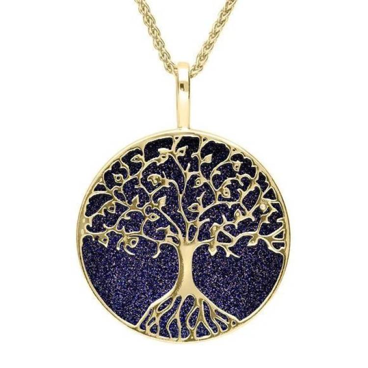 9ct Yellow Gold Blue Goldstone Round Tree Of Life Necklace